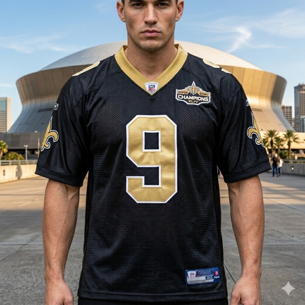 Reebok Drew Brees New Orleans Saints Jersey Mens 50 Black Super Bowl XLIV Patch